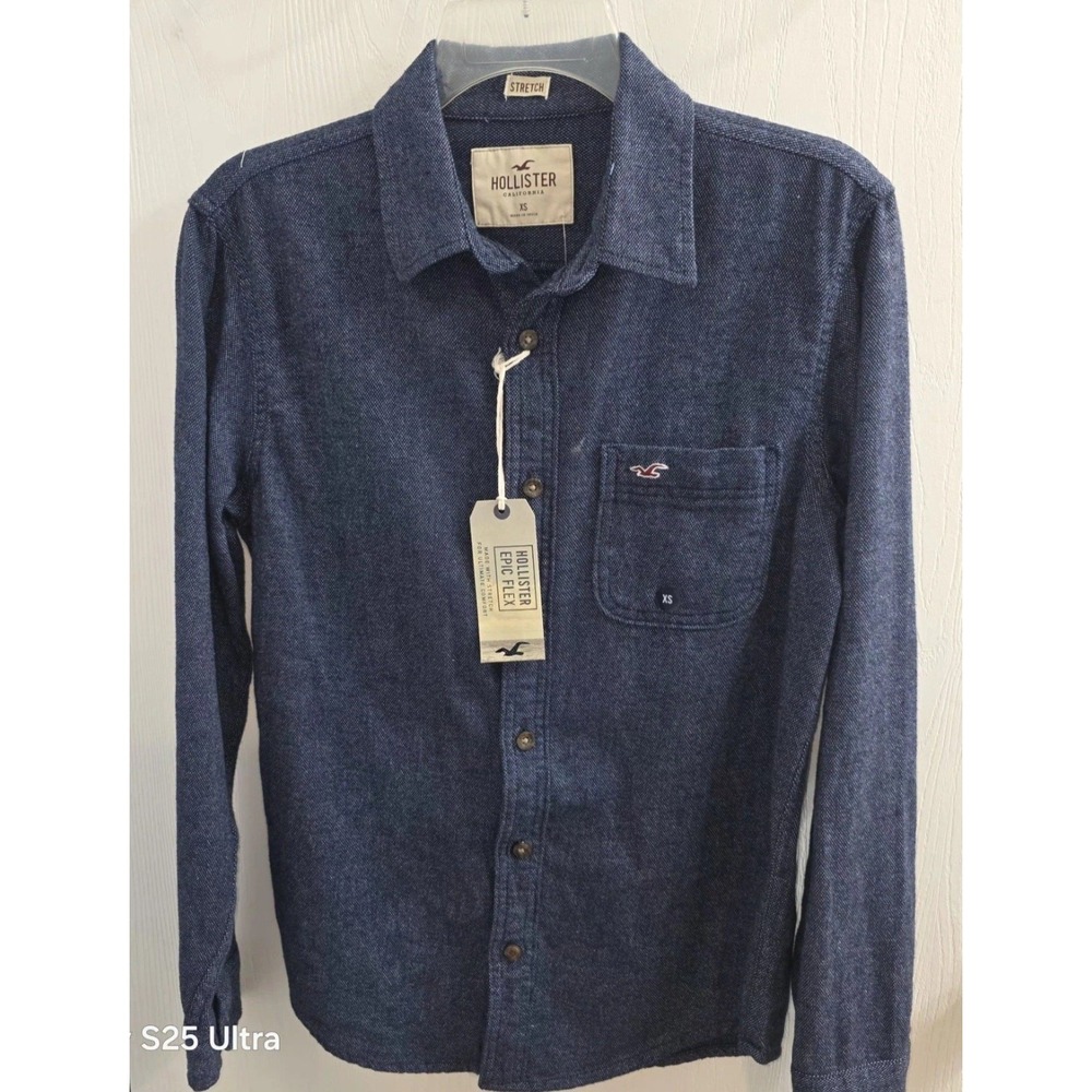 NWT Hollister Epic‎ Flex Button-Up Shirt Mens Size XS Dark Blue Long Sleeve Logo